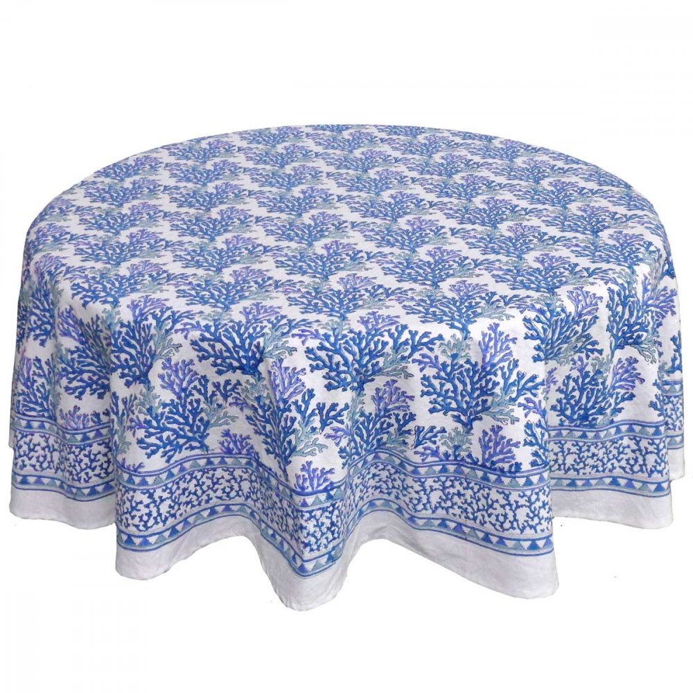 Block Printed Tablecloth 'Blue Coral'