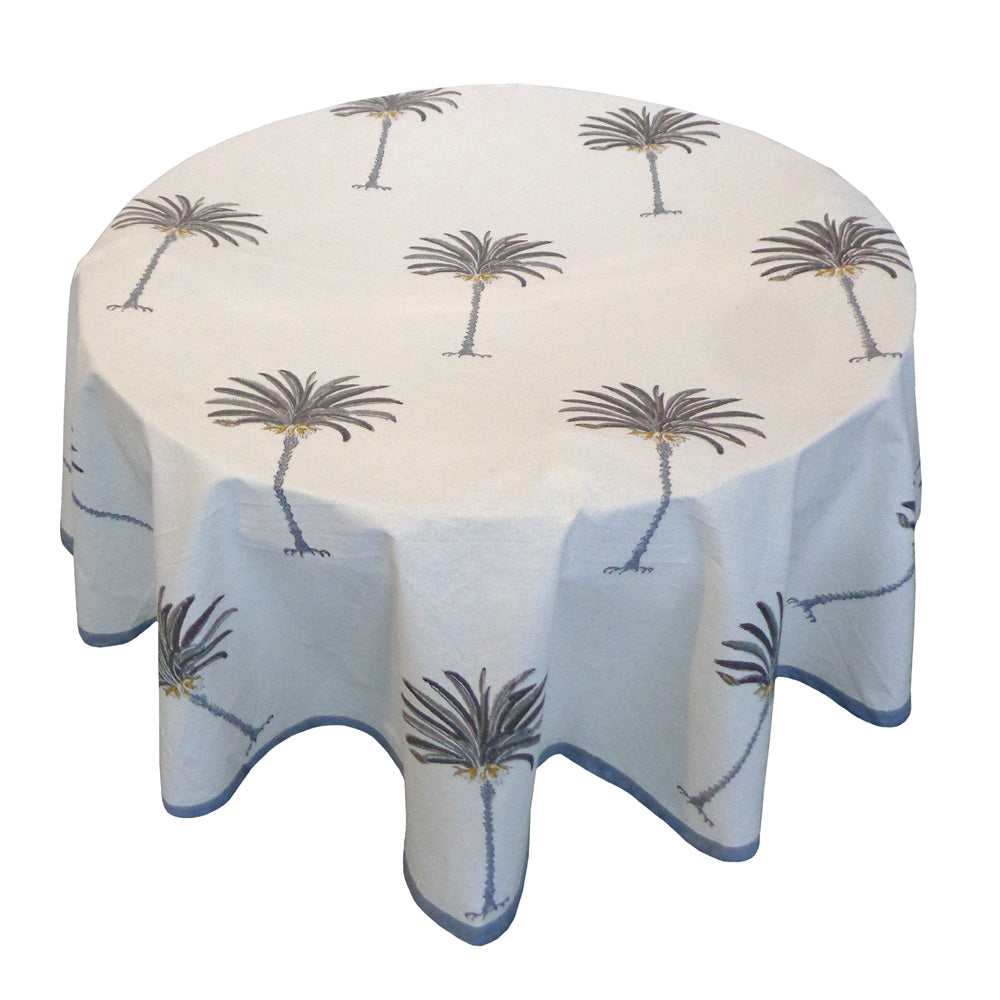 Palm Trees Block Printed Tablecloth Silver Grey