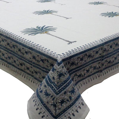 Palm Trees Block Printed Tablecloth Blue