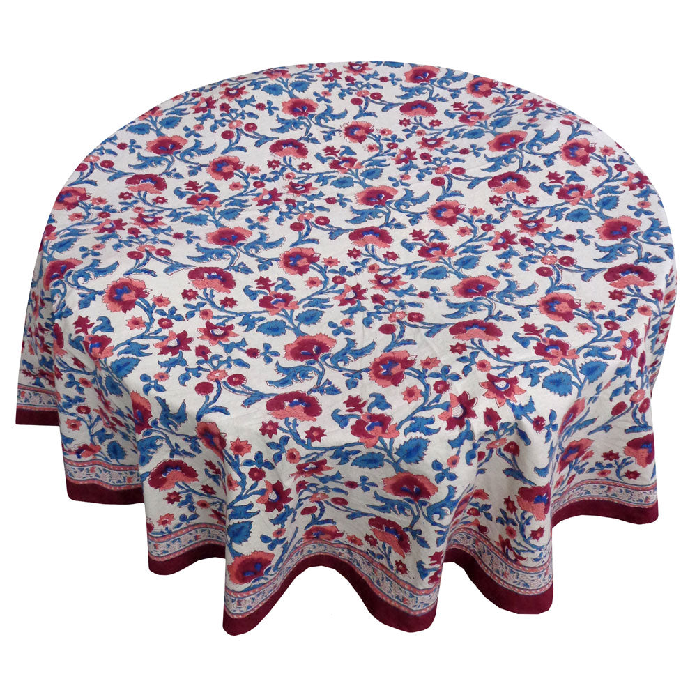 Floral Block Printed Tablecloth Rukhsana Maroon - ONLY AVAILABLE IN ROUND